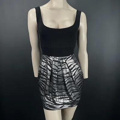 Jane Norman Dress 12 Womens Black Vest Sleeveless Silver Zebra Foil Tulip Mini • £14.95