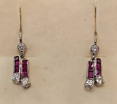 Ruby's & Diamonds 18ct White-Gold DROP ART DECO STYLE VINTAGE EARRINGS • £250