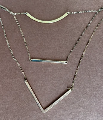 $15 • Buy Three Strand Gold Tone Necklace V-shaped Horizontal Bar Horizontal Curve Pendant
