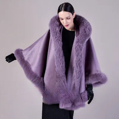 Women's 100% Genuine Fox Fur Shawl Cashmere Wool Ponchos Cape Cardigan Coat Tops • $219.44