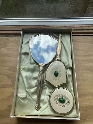 Vintage Gold Dresser Vanity Set Of Mirror Brush Face Cream Jar Excellent • $35