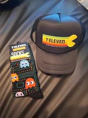 Limited Edition Pac-Man 7-Eleven 7-11 Trucker Hat Snapback In Black With Socks • $49