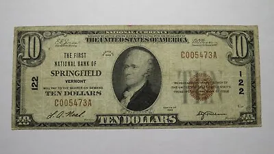 $10 1929 Springfield Vermont VT National Currency Bank Note Bill Ch. #122 FINE+ • $208.99
