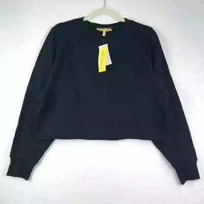 Circus NY Cropped Sweatshirt Womens XL Black Pleated Puff Sleeve Boxy Raw Hem • $24.20