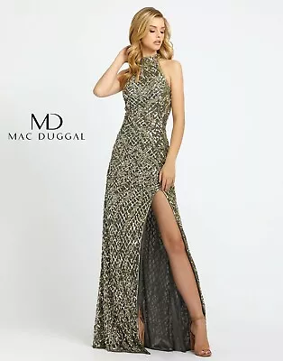 MAC DUGGAL 4112D Platinum Gold Beaded Embellished Halter Thigh High Slit Gown 8 • $224.25