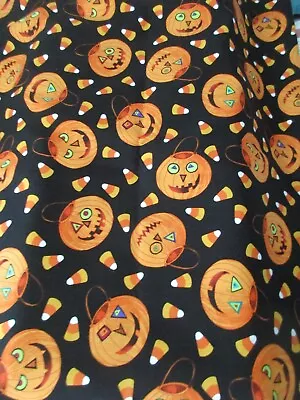 1 Fat Quarter New Cotton Fabric Halloween Pumpkin Candy Corn On Black • $4