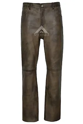 Men’s Jeans Dirty Brown Waxed Real Leather Motorcycle Biker Trouser Pants 501 • £79.20