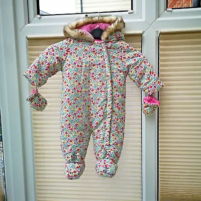 BHS Ditsy Flowers Snow Suit With Mittens Sz 3-6 Months 68 Cm Hardly Used VGC • £15.99