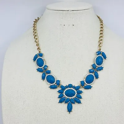 J. Crew Statement Necklace Blue Flowers Crystal Rhinestone Gold Tone Jewelry NWT • $34.95