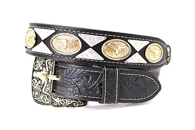 Western Belt Cowboy Leather Black Longhorn Concho Belt Pants 38 Cinto Vaquero  • $59.99