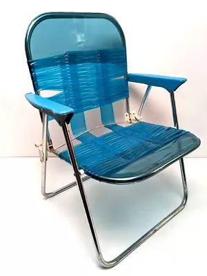 VTG Folding Childrens Lawn Chair Vinyl Tubing KIDS Jelly Blue Plastic • $29.90