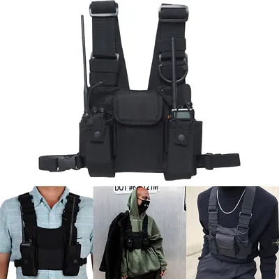 3 Pockets Radio Walkie Talkie Chest Harness Nylon Bags Pack Backpack Holster New • £13.26