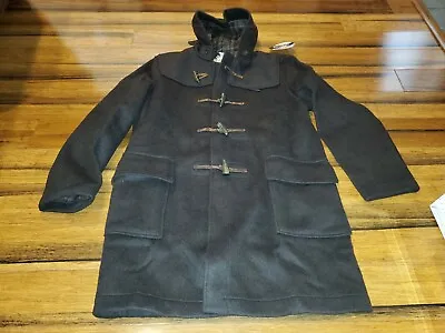 NOS Nwt Gloverall English Duffle Coat Wool Dark Brown Leather Toggle Hood US 42 • $299.99