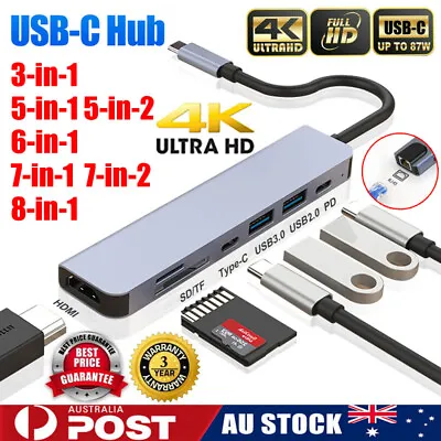 $11.89 • Buy 3/5/6/7/8in1 USB-C Type-C Hub To USB 3.0 PD 4K HDMI RJ45 Ethernet SD/TF Adapter