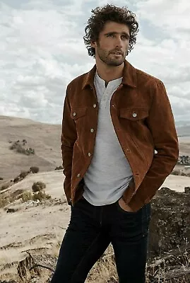 Men’s Brown Vintage Suede Leather Jacket Slim Fit Jeans Style Jacket 288 • $115.70