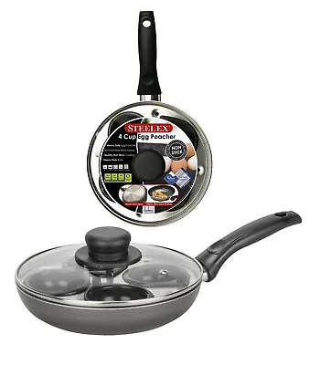 4 Egg Poacher Pan Non-Stick 4 Egg Cup Poach Cooking Frying Pan With Glass Lid • £18.99