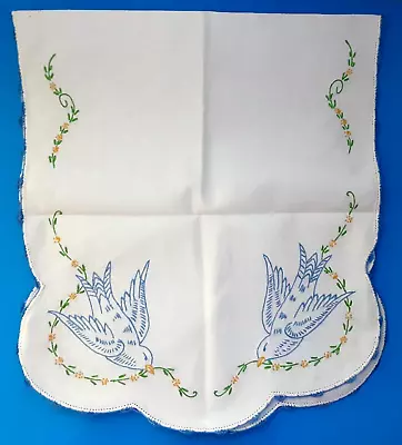 Vtg Embroidered Table Runner Dresser Scarf Bluebirds Crochet Edge Blue 38  • $15.95
