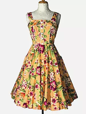 Vintage 50's Rockabilly Style Hawaii Print Circle Halter Dress Size XS 6 - 8 • $52.46