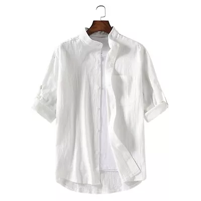 Men Male Casual Cotton Linen Shirt Loose Tops Short Sleeve Cardigan Summer Tee • $18.18