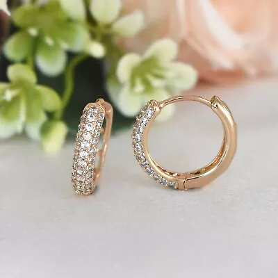 Micro Pave Huggies 14K Gold Plated Heart Earrings Round CZ Hoops Gift For Her • $16.87