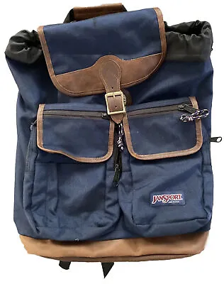 $69.99 • Buy Vintage Rare Blue Jansport Leather Bottom Made In USA Top Flap Military Pockets