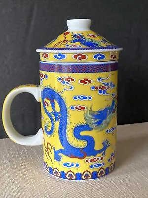 Chinese Blue Dragon Tea Cup Mug W/Loose Tea Infuser & Lid 5.5” 3 Piece • $18.95