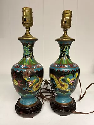 Vintage Pair Of Multi-Colored 14  Cloisonné Dragon Lamps • $300
