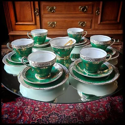 Salisbury Bone China 1950s Rich Green Chintzy Tea Set • £80