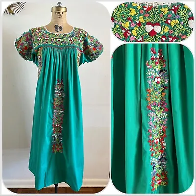 1970s Oaxacan Cotton Mexican Huipil Dress Embroidered Boho Bird Heart Floral VTG • $165