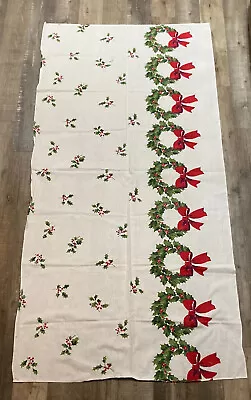 Vintage Handmade Christmas Holly Berry / Wreath Tablecloth Rectangle Long Skinny • $17.99