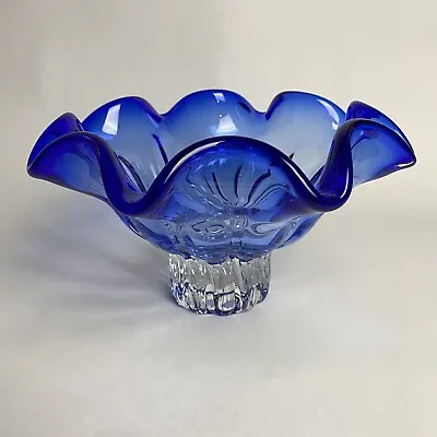 $25 • Buy Shannon Cobalt Blue To Clear Swirled Ruffled Crystal Bowl Designs Of Ireland 10”