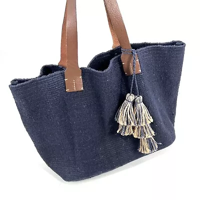 J Jill Zinnia Jute Tote Bag Navy Blue Jute Leather Handle Tassel Accent • $26.24