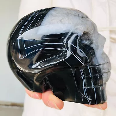 1085g Natural Black Striped Agate Quartz Crystal Skull Carving Healing P308 • $16.88