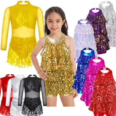 UK Girls Ballet Latin Jazz Modern Dance Dress Leotard Sequin Performance Costume • £15.71