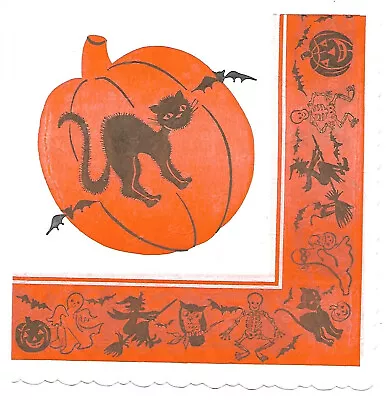Vintage Crepe Paper Halloween Napkin ~ Jack O' Lantern Black Cat ~ Pakay Brand • $6