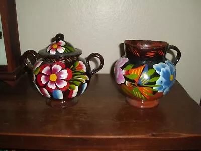 Vintage Mexican Hand-Painted Lidded Sugar And Creamer • $24