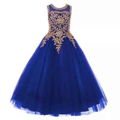 WDE Formal Little Girls Long Pageant Dresses Prom Ball Gown Gold Lace Burgundy • $7.99