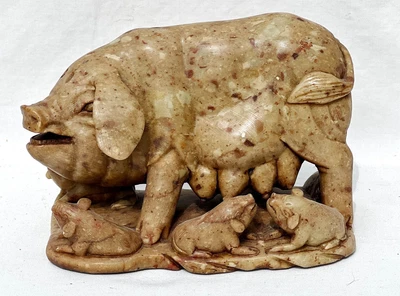 £163.05 • Buy Antique Mother Pig And Piglets Qing Dynasty  Shoushan Soap Stone Figurine