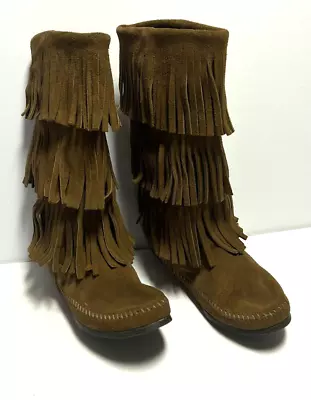 Minnetonka Brown Suede Moccasins Women's Boots 3-Layer Fringe Calf High - SIZE 8 • $29.95