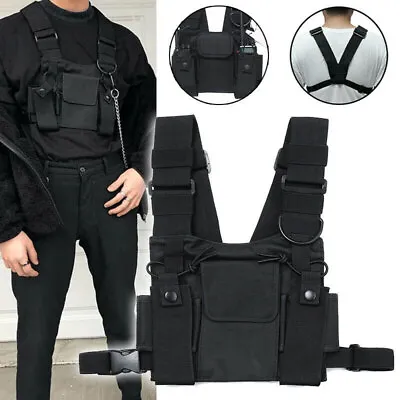 Radio Walkie Talkie Chest 3 Pockets Harness Nylon Bags Pack Backpack Holster New • £12.52