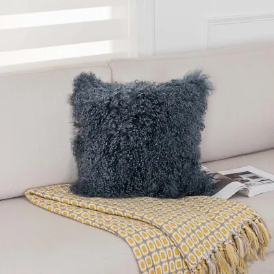 100% Real Mongolian Lamb Wool Cushion Cover Curly Fur Pillowcase 40x40cm Gray US • $34.19