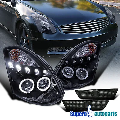 Fits 2003-2007 Infiniti G35 Coupe LED Halo Headlights+Side Marker Glossy Black • $237.46