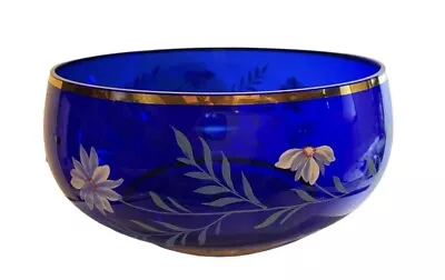 Bohemian Crystal Cobalt Blue Glass Bowl Hand Painted Art Glass Czechoslovakia • $58