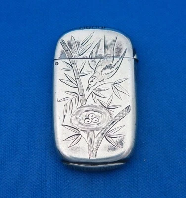 $27 • Buy Antique Match Safe, Etched Bird Design W/ Nest & Eggs, Plated Brass, C. 1900