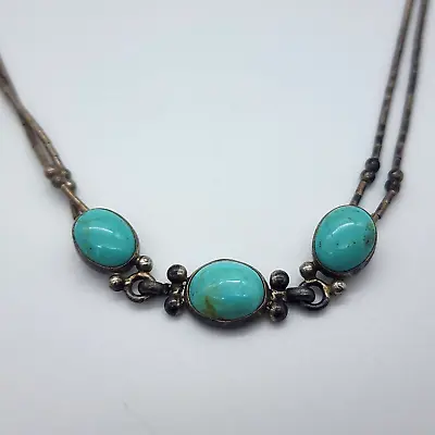 VTG Southwest Shop QT Quoc Turquoise - Cabochon Two Strand Sterling Necklace 16  • $56