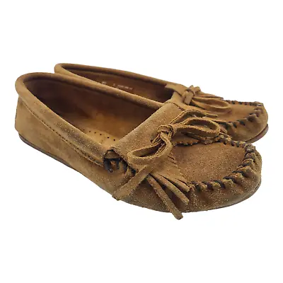 Minnetonka Moccasins Brown Leather Kilty Slip On Slippers Women's Shoes Size 7 • £12.52