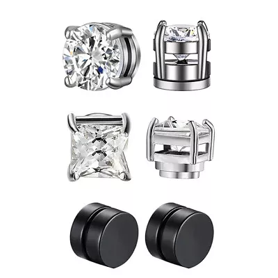 Women Pair Diamond Cut Magnetic Men Round Sparkling Clip On Ear Studs Earrings • $6.57