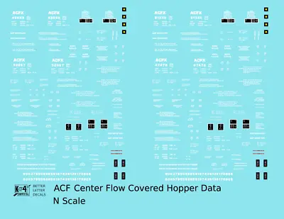 K4 N Scale Decals White ACF Center Flow Covered Hopper Dimensional Data Set • $7.45