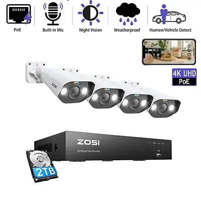 ZOSI 8CH NVR 4K 8MP PoE IP Security Camera System With 2TB NVR AI Detection IP66 • $289.99