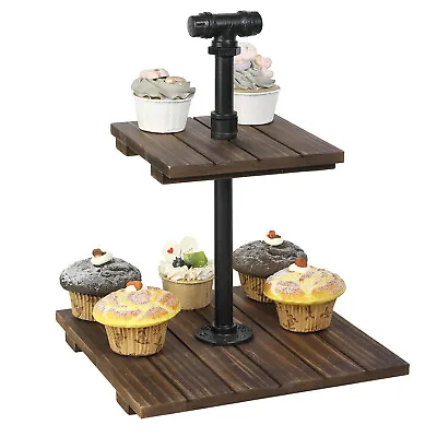 2-Tier Dark Burnt Slatted Wooden Cupcake Stand Dessert Appetizer Display Tower • $37.99